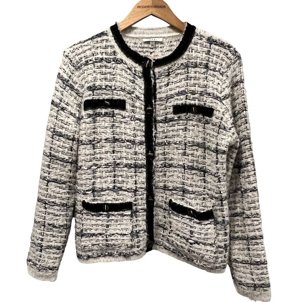 Sioni Textured Button Cardigan Jacket, Cream Black Gray, M